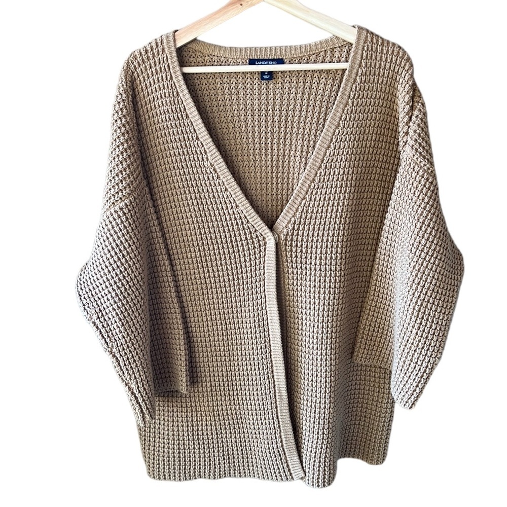 Lands' End Women's Chunky Knit Open Cardigan - Beige